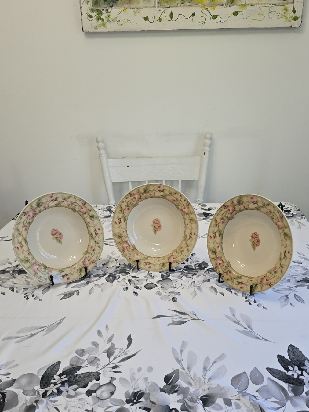 222 Fifth Set Of 3 Cheri Blum Savannah Genuine Stoneware Rim Soup Bowls Roses